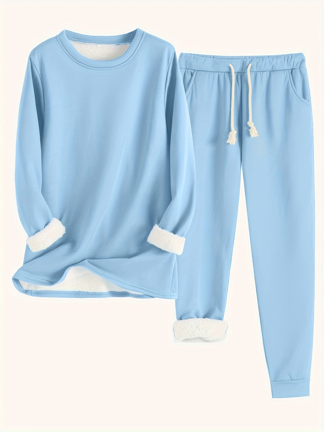 Ensemble bleu ciel pull et jogging à cordon, avec doublure peluche blanche aux manches 12