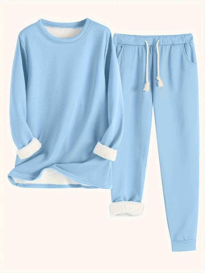 Ensemble bleu ciel pull et jogging à cordon, avec doublure peluche blanche aux manches 12