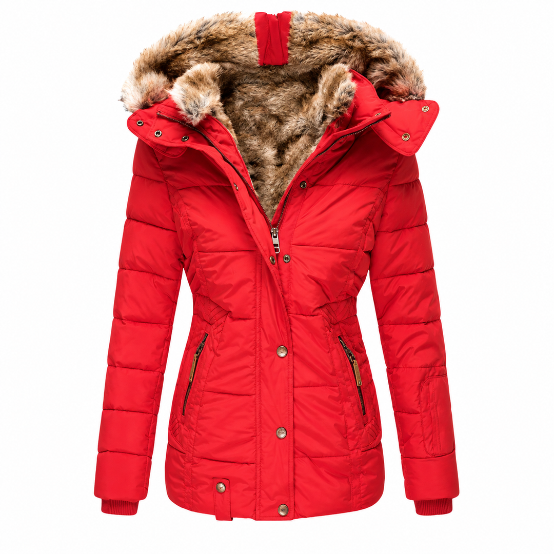 Parka matelassée rouge vif sur fond blanc, avec capuche en fausse fourrure et poche de manche 8