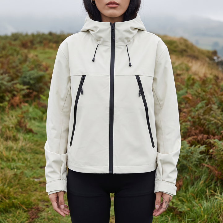 Veste crème zippée à capuche portée en gros plan sur une lande brumeuse, poches zippées noires 1