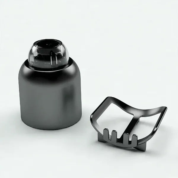 Boîtier cylindrique gris foncé à dôme transparent posé à côté de son support métallique démonté. 7