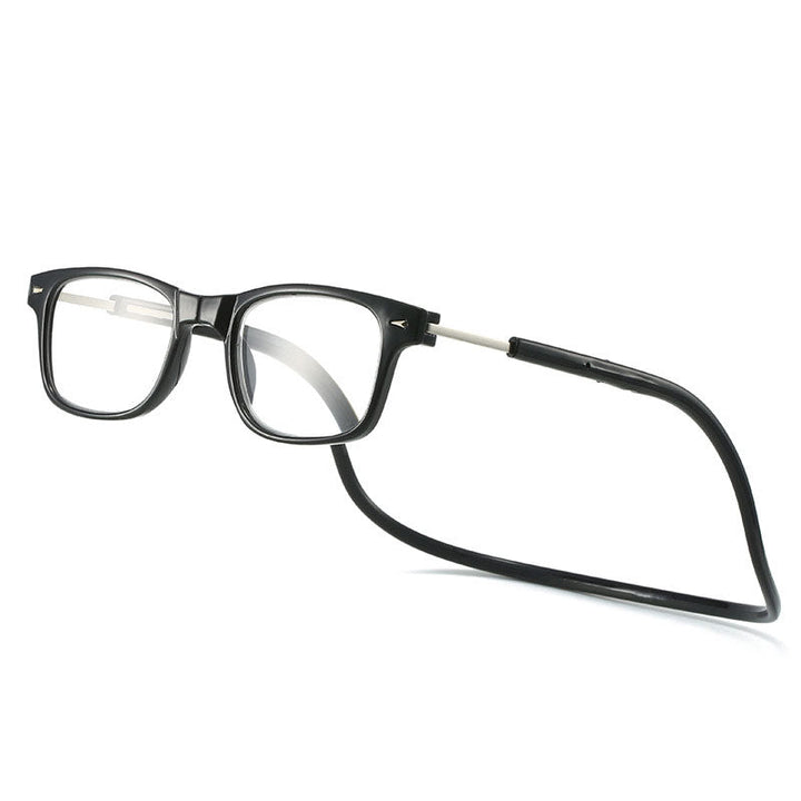 Lunettes de lecture à monture rectangulaire et cordon souple noirs, vues de trois quarts sur fond blanc. 13