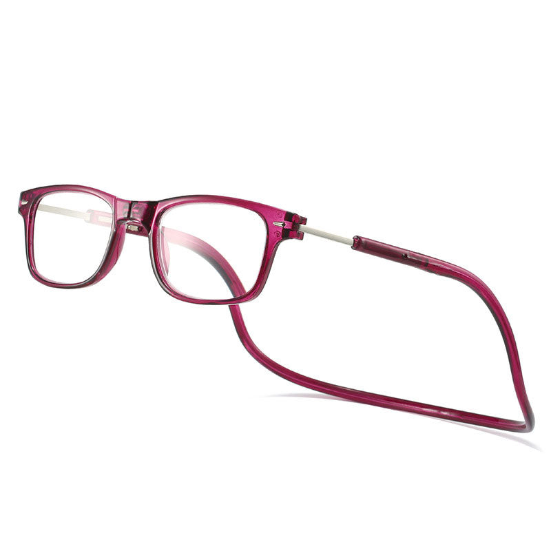 Lunettes de lecture à monture rectangulaire et cordon souple de teinte rose framboise, vues de trois quarts sur fond blanc. 3