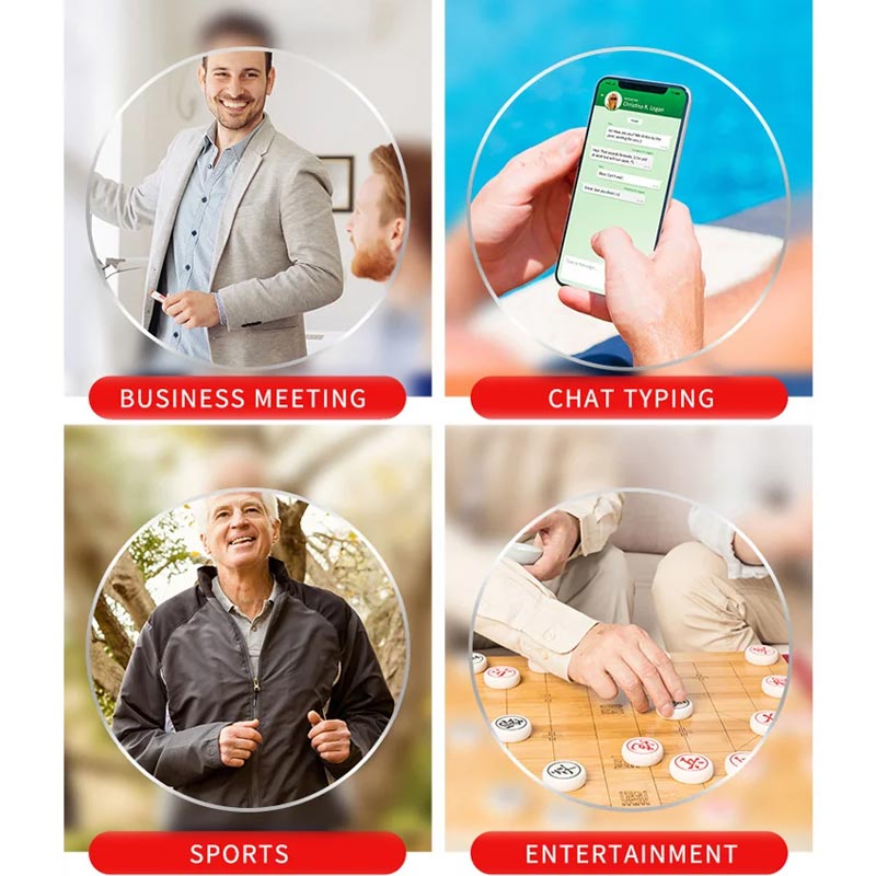 Quatre scènes d'usage : réunion de travail, messages sur smartphone, promenade sportive d'un homme âgé et partie de jeu de société. 12