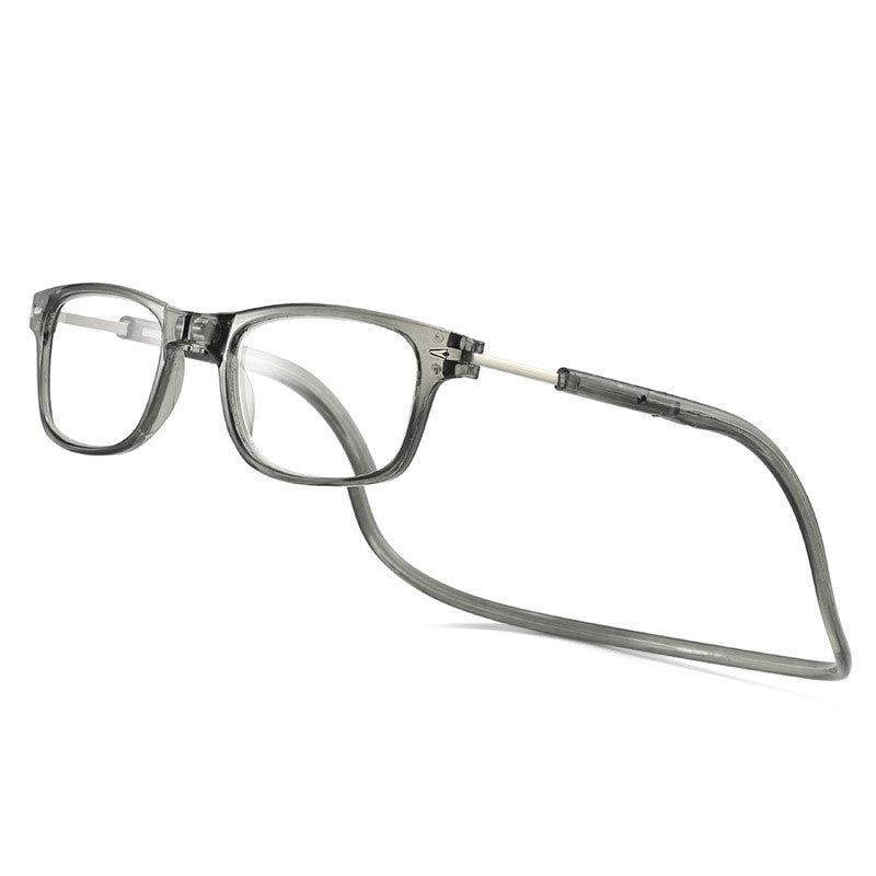 Lunettes de lecture à monture rectangulaire et cordon souple de teinte grise translucide, vues de trois quarts sur fond blanc. 6