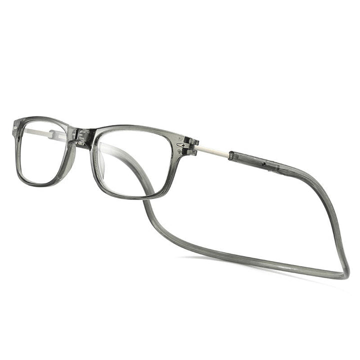 Lunettes de lecture à monture rectangulaire et cordon souple de teinte grise translucide, vues de trois quarts sur fond blanc. 6