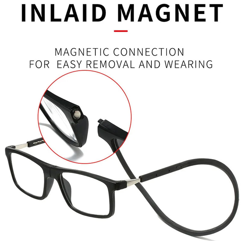 Lunettes noires avec cordon, et zoom sur l'aimant intégré à l'embout qui permet de détacher et de refermer facilement le cordon. 9