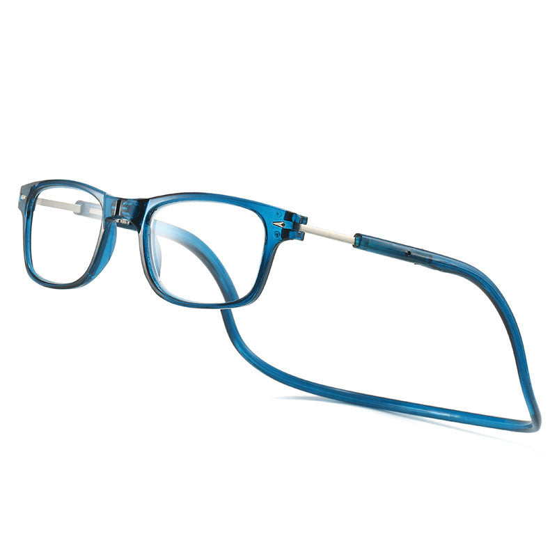 Lunettes de lecture à monture rectangulaire et cordon souple de teinte bleu pétrole translucide, vues de trois quarts sur fond blanc. 14