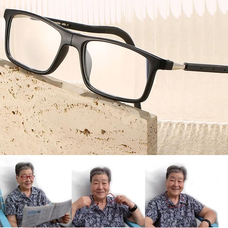 Lunettes noires posées sur un bloc de pierre claire, avec trois portraits d'une femme âgée qui lit le journal puis porte les lunettes autour du cou. 11