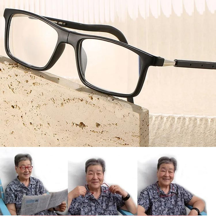 Lunettes noires posées sur un bloc de pierre claire, avec trois portraits d'une femme âgée qui lit le journal puis porte les lunettes autour du cou. 11