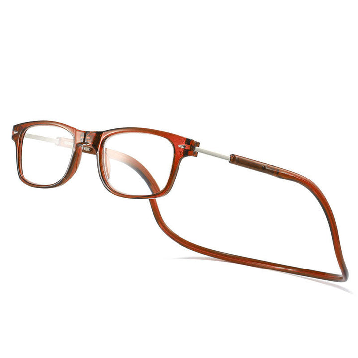 Lunettes de lecture à monture rectangulaire et cordon souple de teinte brun-roux translucide, vues de trois quarts sur fond blanc. 5