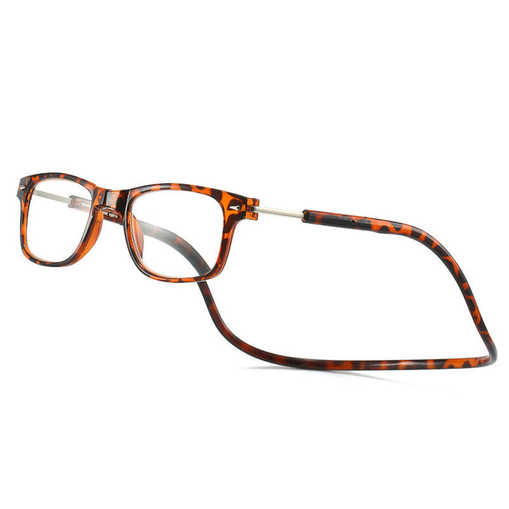 Lunettes à monture rectangulaire écaille brun-orangé et cordon souple autour du cou, vues de trois quarts sur fond blanc. 2