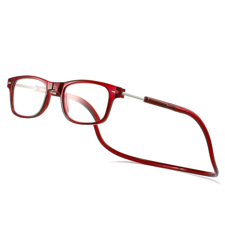 Lunettes de lecture à monture rectangulaire et cordon souple de teinte rouge bordeaux, vues de trois quarts sur fond blanc. 4