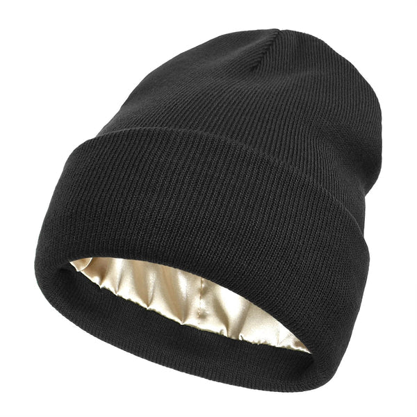 Bonnet en maille côtelée noir à revers, doublure satinée dorée visible à l'intérieur 6