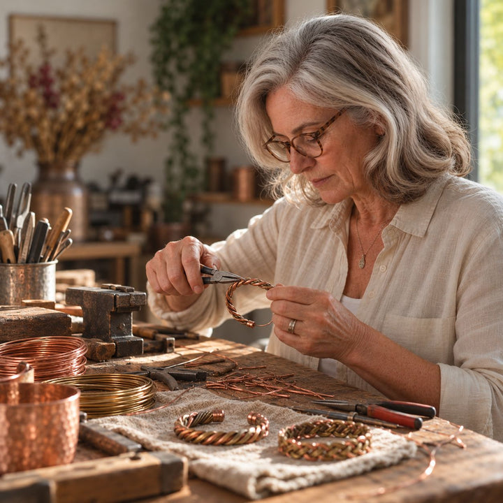 Artisane à lunettes tordant du fil de cuivre avec une pince, bracelets torsadés posés devant elle 5