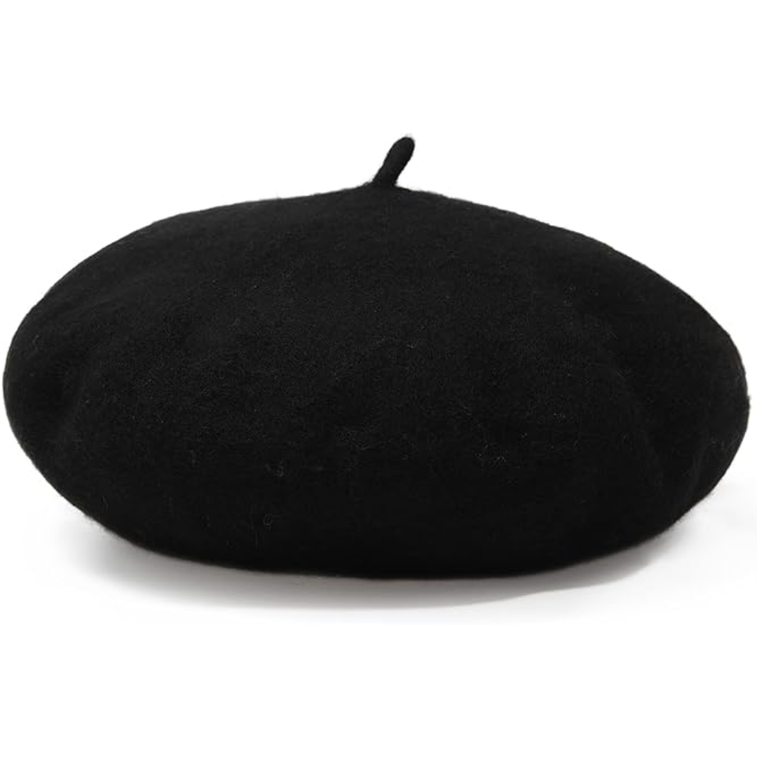 Béret en laine noir posé sur fond blanc, vue de face avec sa tige 4