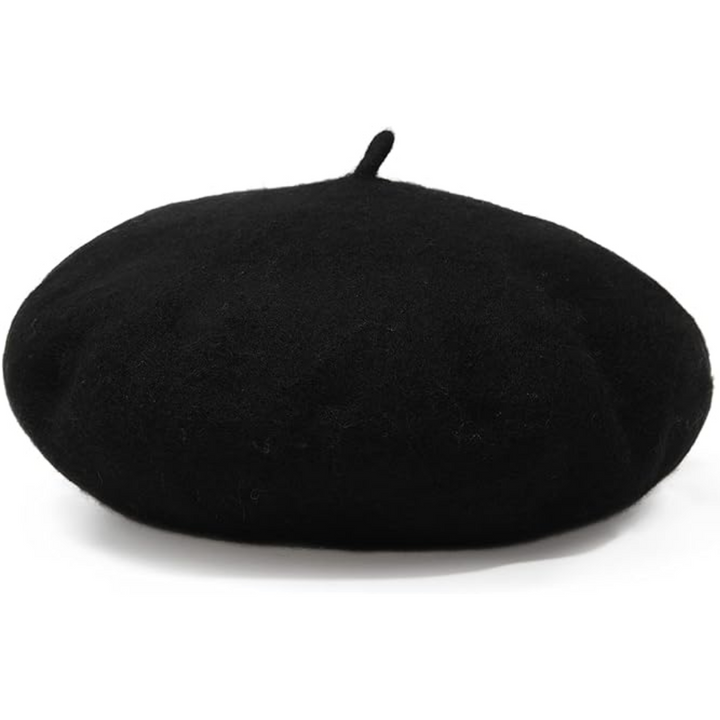 Béret en laine noir posé sur fond blanc, vue de face avec sa tige 4