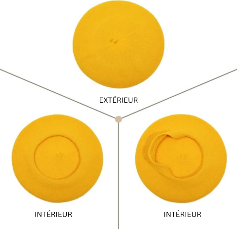 Béret jaune montré sous trois angles: extérieur, intérieur à plat et intérieur replié 12