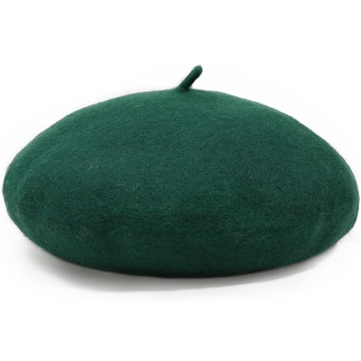 Béret en laine vert foncé vu de face sur fond blanc, avec sa tige 9