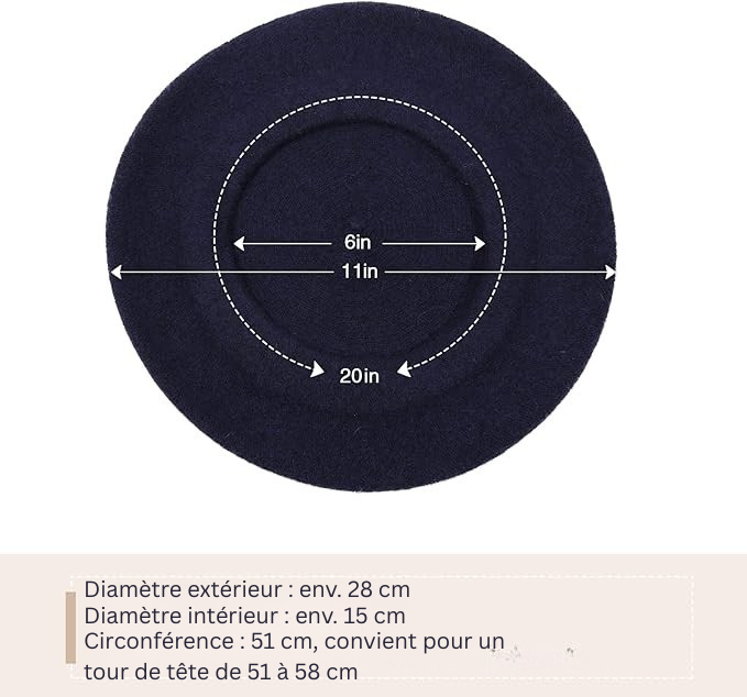 Béret bleu marine vu du dessus avec schéma des diamètres et de la circonférence 13