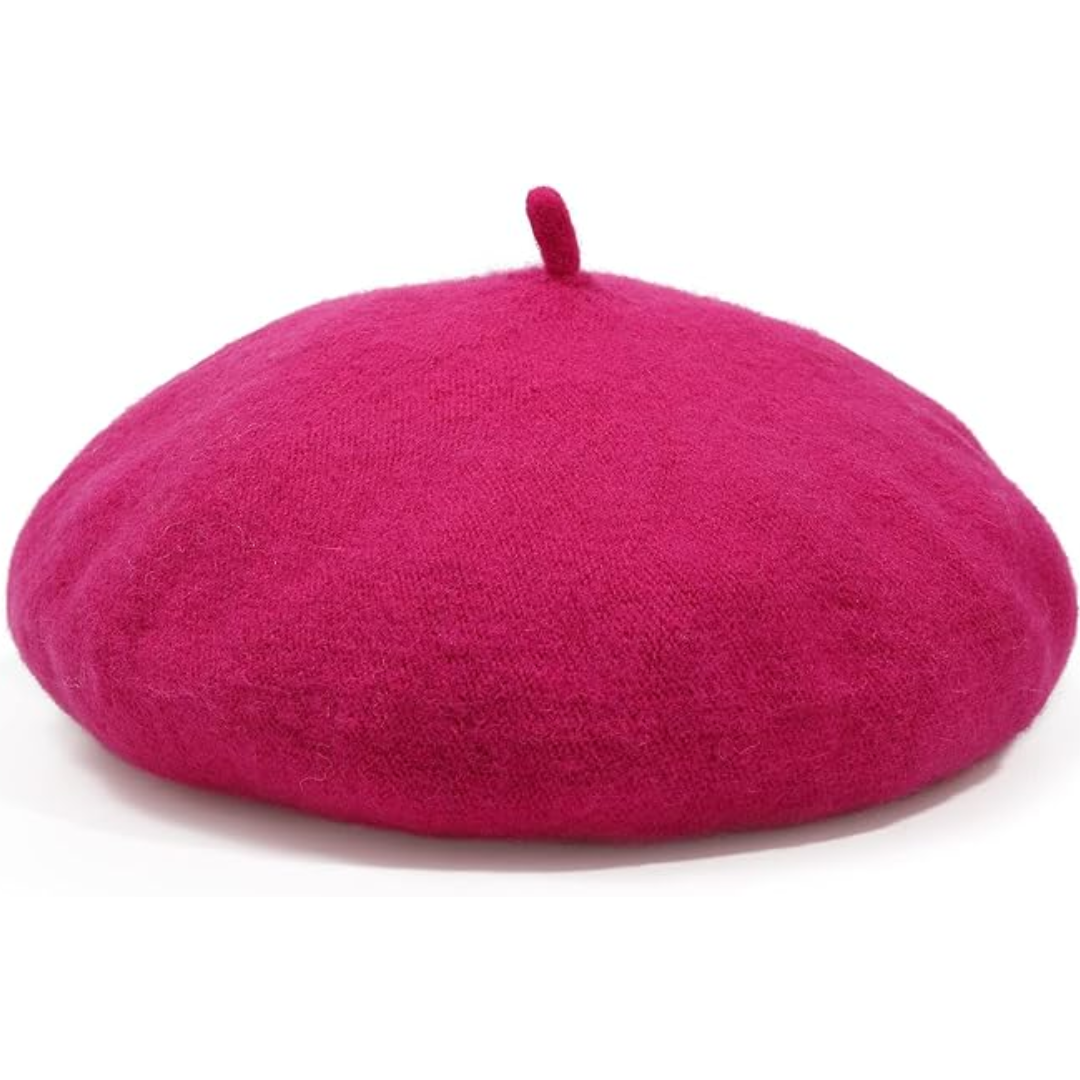 Béret en laine rose fuchsia posé sur fond blanc, tige sur le dessus 6