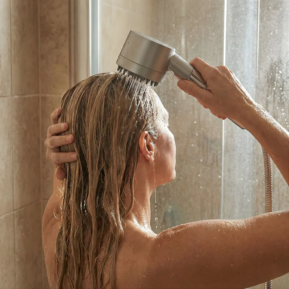 Femme sous la douche qui se rince les cheveux longs avec le pommeau tenu à la main au-dessus de la tête. 2