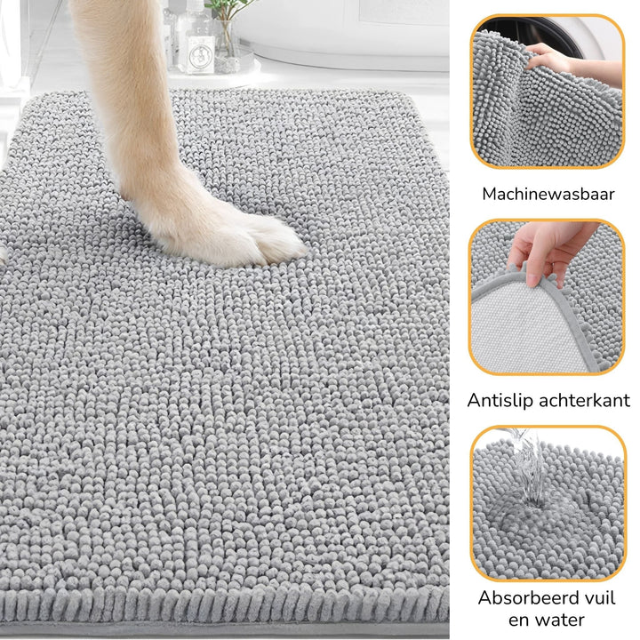 Patte de chien sur le tapis gris à mèches de chenille, avec trois vignettes: lavage, dos antidérapant, absorption d'eau. 4