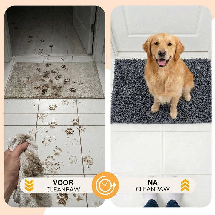 Comparatif avant et après: pattes boueuses sur le carrelage à gauche, chien assis sur le tapis gris propre à droite. 6