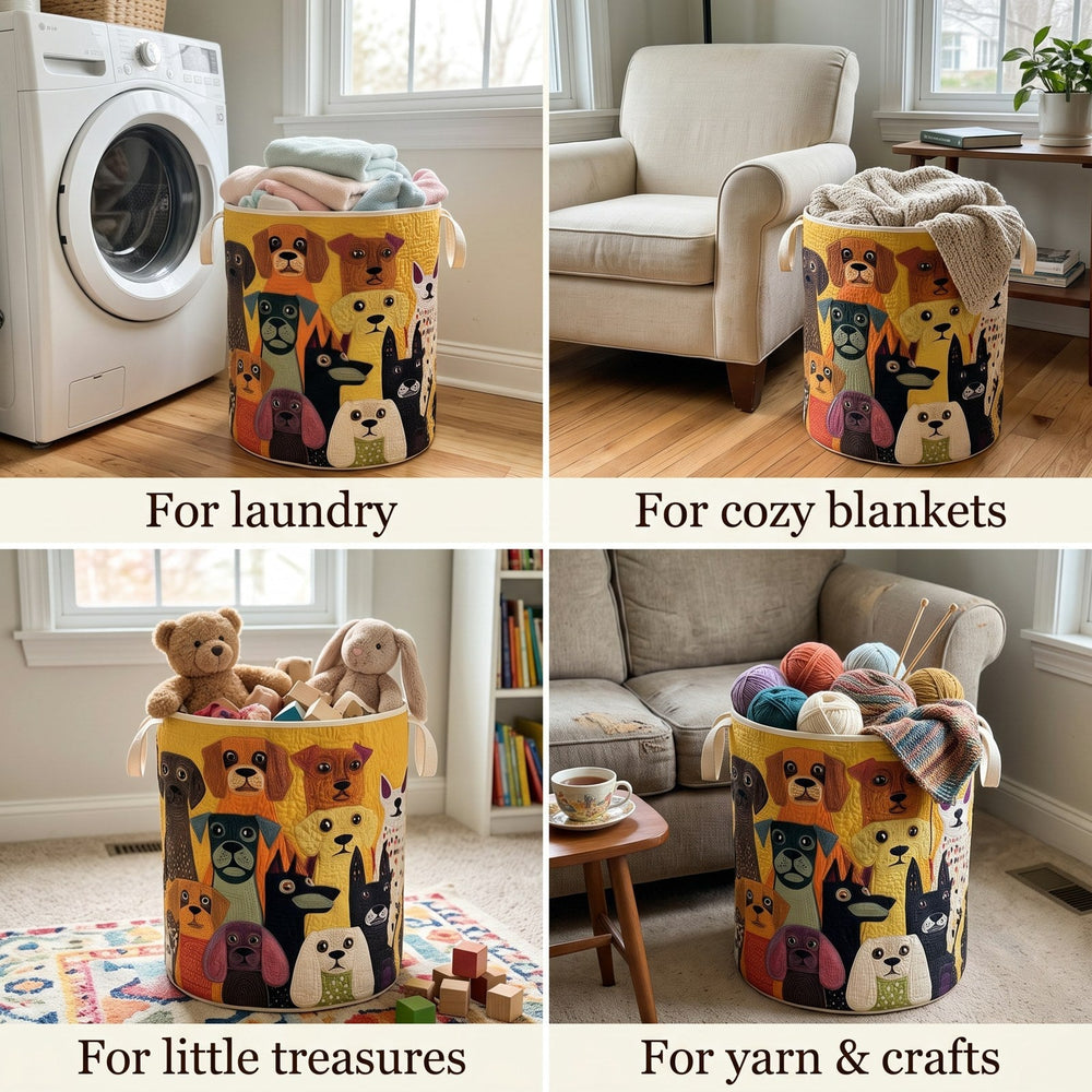 Quatre mises en situation du panier : pour le linge près du lave-linge, des plaids, des jouets et des pelotes de laine. 2