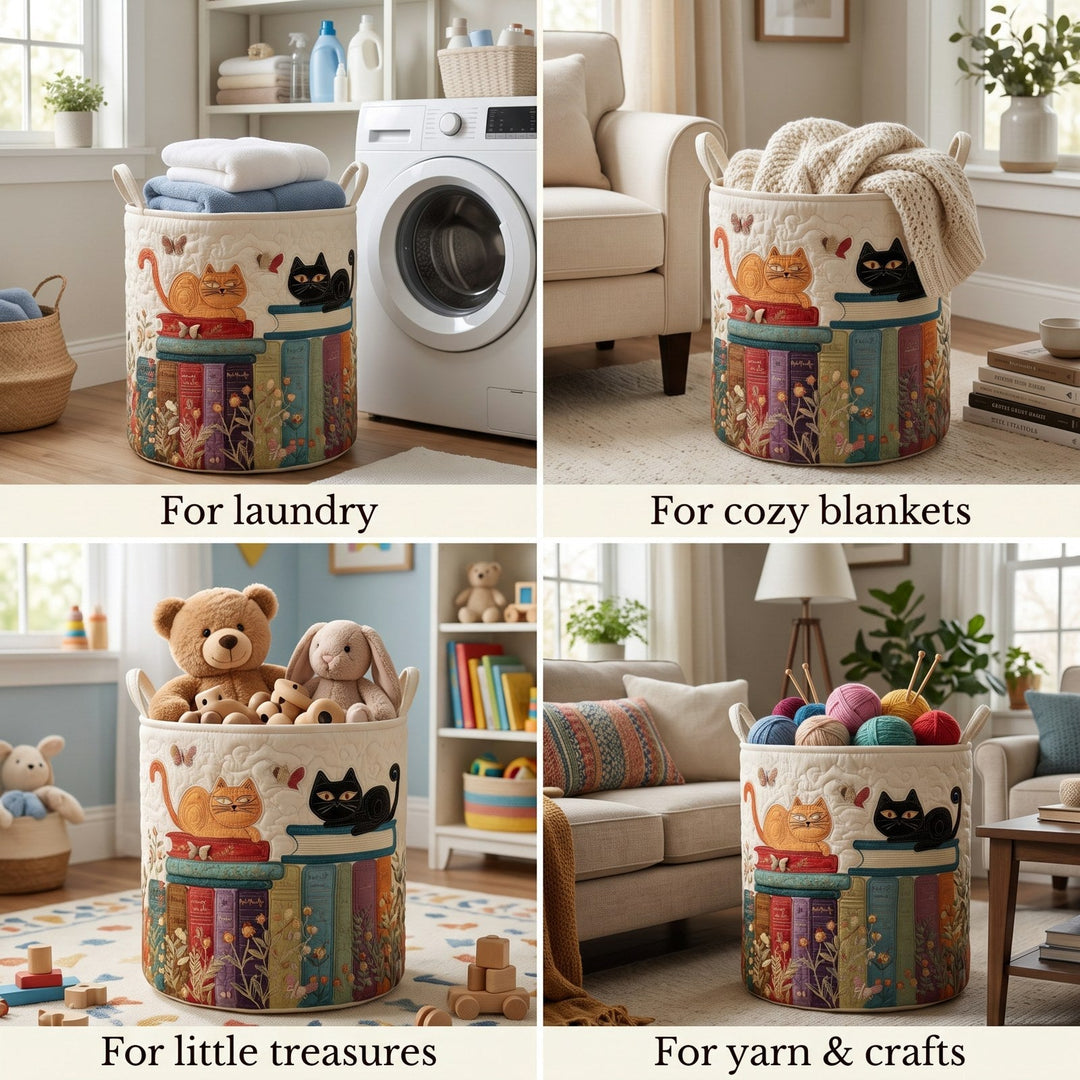 Quatre mises en situation du panier rempli de linge, de plaids, de jouets en peluche et de pelotes de laine. 2