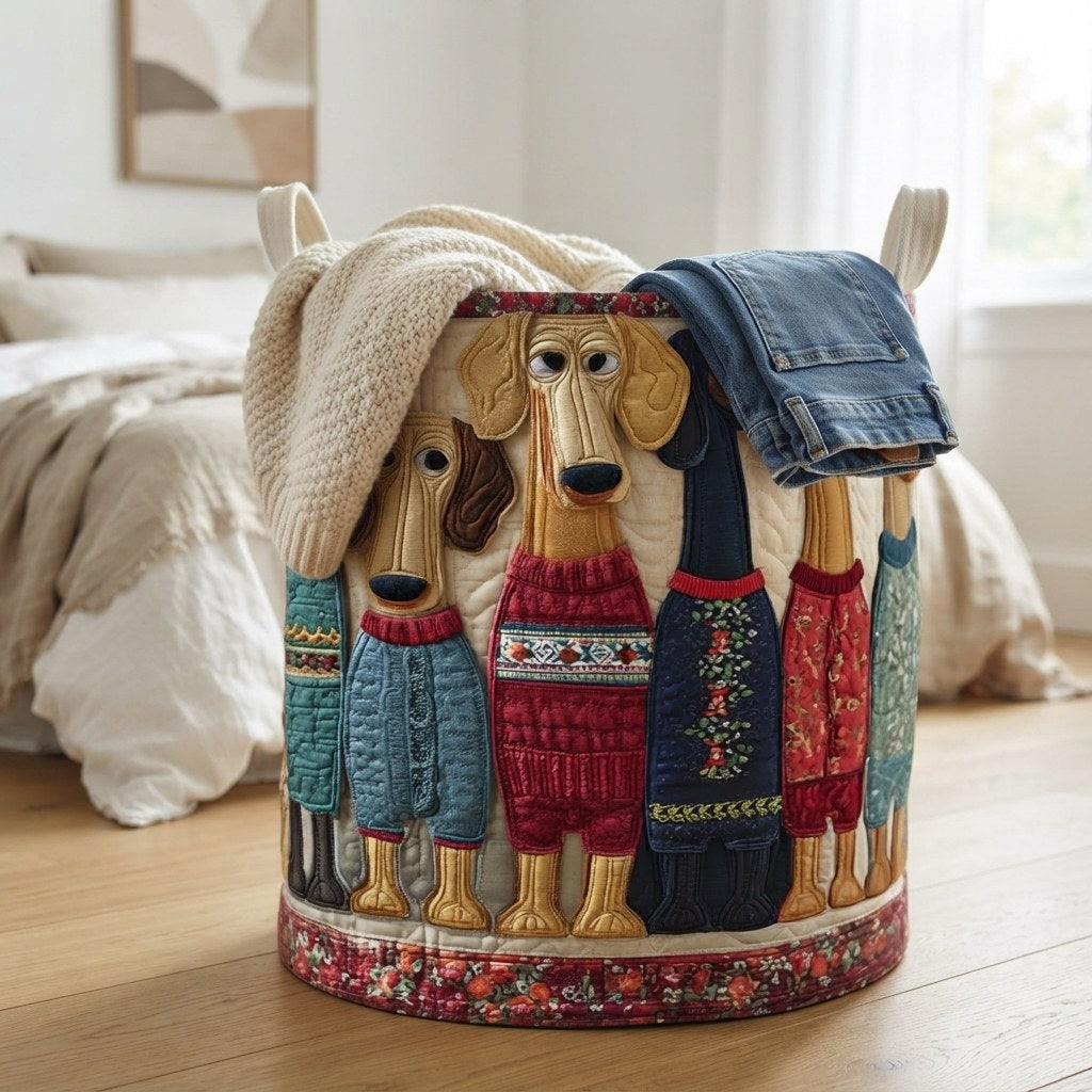 Panier posé dans une chambre, débordant d'un plaid beige et d'un jean, devant un lit 4