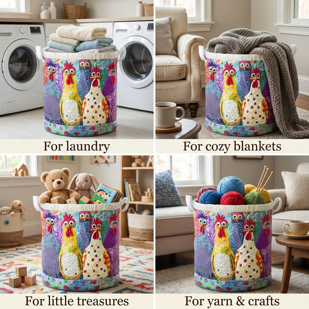 Quatre vues du panier dans différentes pièces : buanderie avec linge, salon avec plaid, chambre d'enfant avec peluches, coin tricot avec pelotes de laine. 2