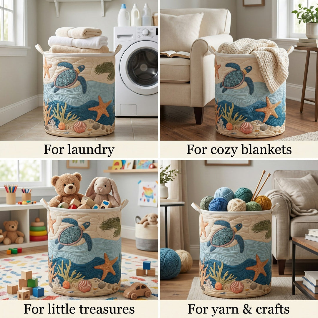 Quatre mises en situation du panier rond : pour le linge près d'un lave-linge, des plaids, des jouets et des pelotes de laine. 2
