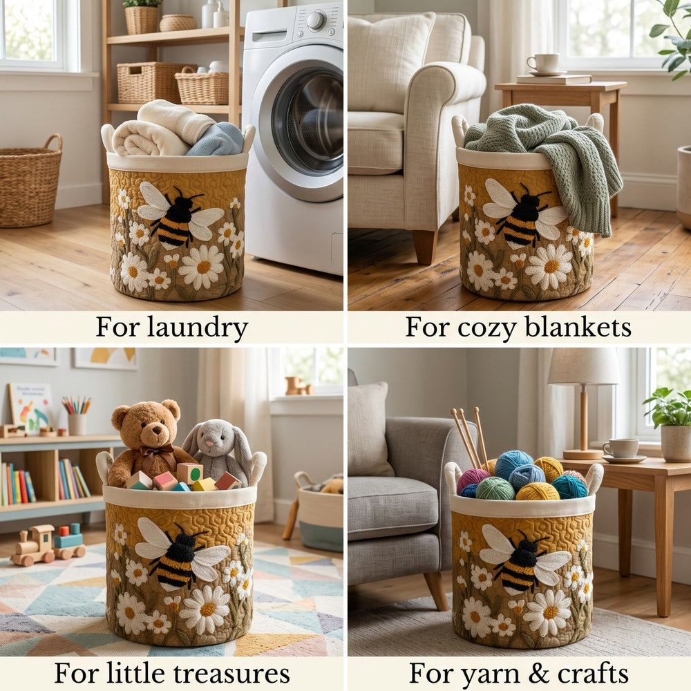 Quatre mises en situation du panier : rempli de linge, de plaids, de peluches et jouets, puis de pelotes de laine. 2