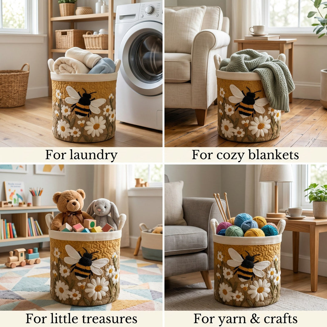 Quatre mises en situation du panier : rempli de linge, de plaids, de peluches et jouets, puis de pelotes de laine. 2