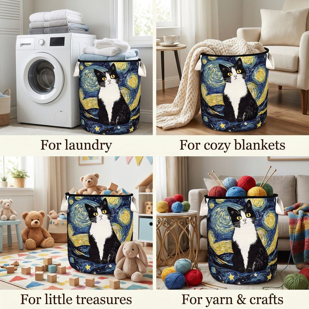 Quatre mises en situation du panier : pour le linge près d'une machine à laver, des plaids, des jouets d'enfant et des pelotes de laine. 2