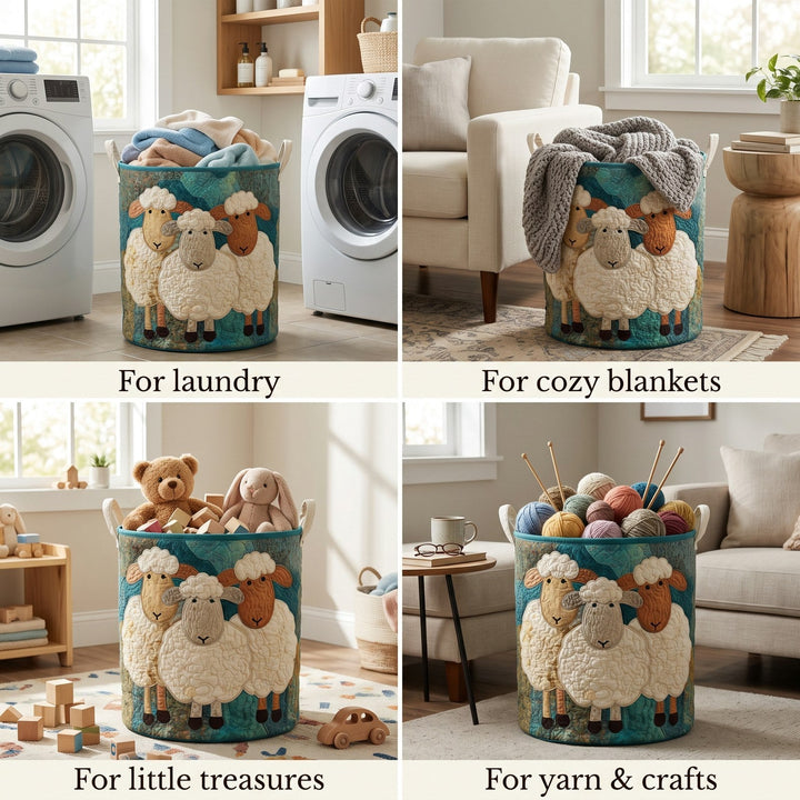 Quatre mises en situation du panier : pour le linge près des machines, des plaids, des jouets d'enfant et des pelotes de laine. 2