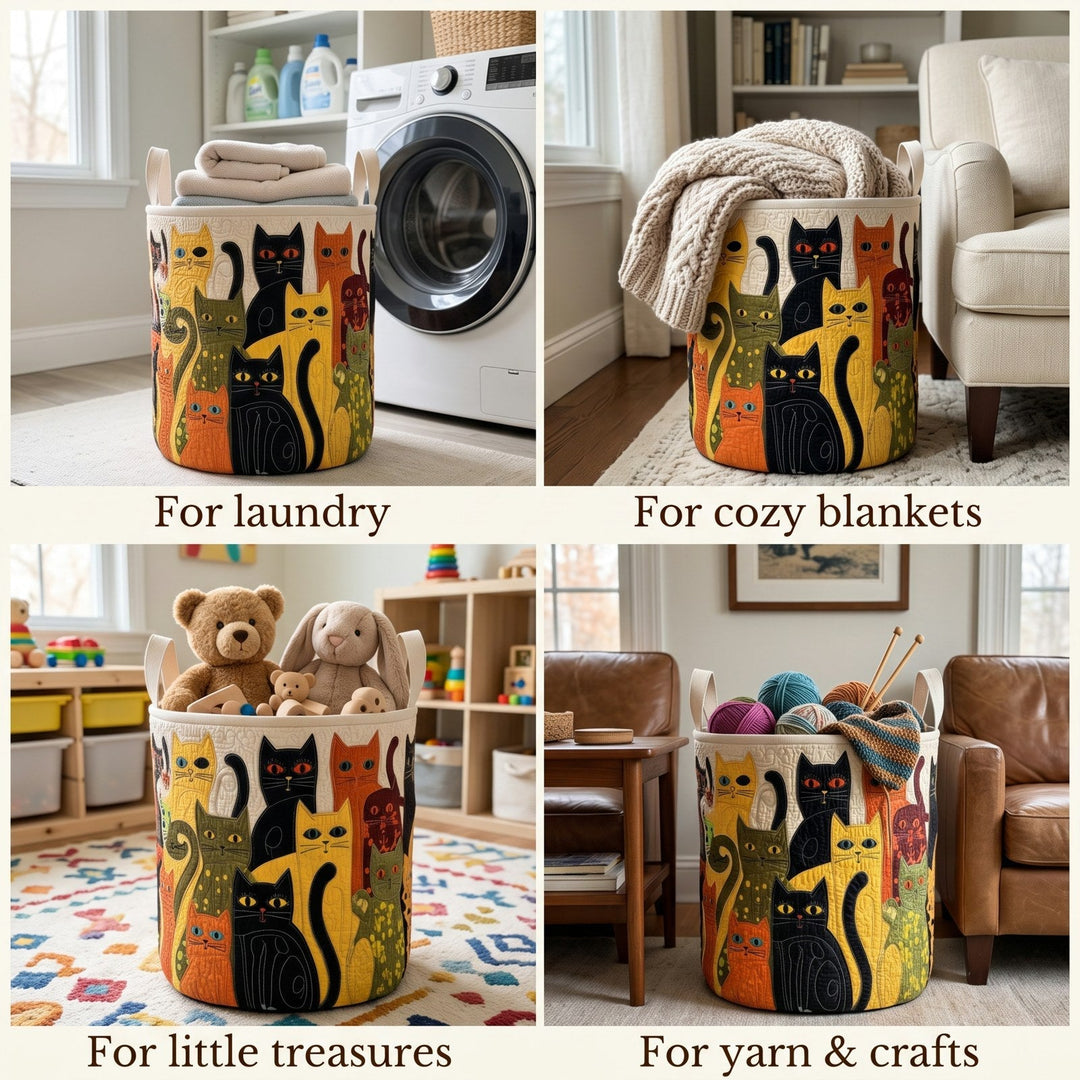 Montage de quatre scènes montrant le panier utilisé pour le linge, les plaids, les jouets d'enfant et les pelotes de laine. 2