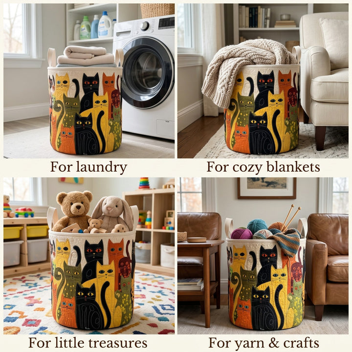 Montage de quatre scènes montrant le panier utilisé pour le linge, les plaids, les jouets d'enfant et les pelotes de laine. 2