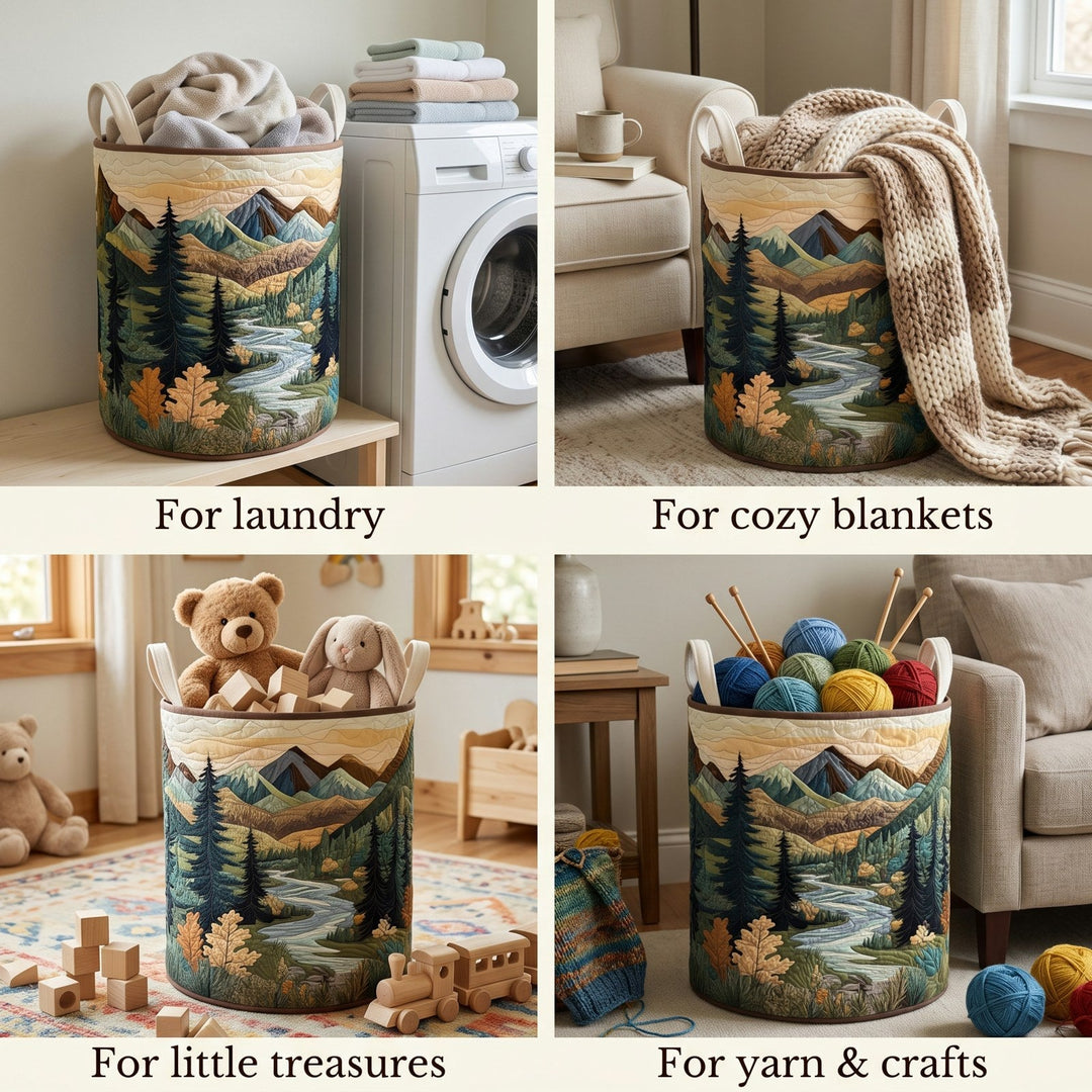 Quatre scènes d'utilisation du panier : pour le linge près d'un lave-linge, des plaids, des jouets d'enfant et des pelotes de laine. 2