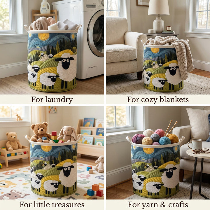 Quatre mises en situation du panier : pour le linge, les plaids, les jouets d'enfant et les pelotes de laine. 2