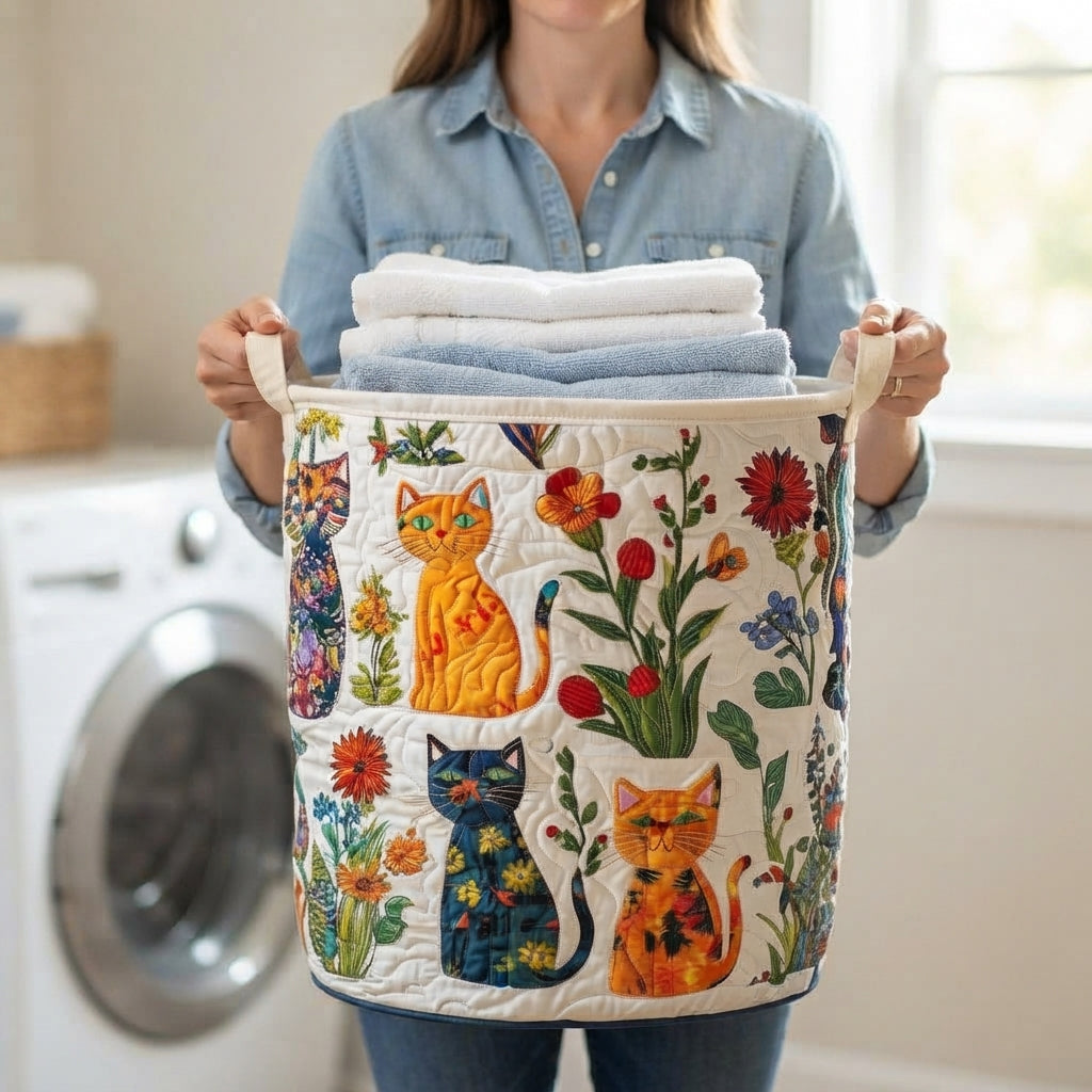 Une femme en chemise en jean tient le panier par ses deux poignées, rempli de serviettes pliées, devant un lave-linge. 3