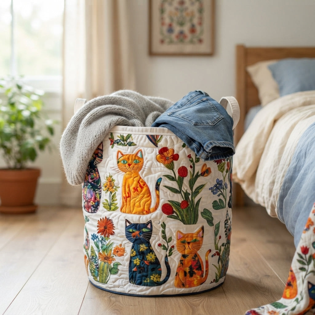 Panier matelassé posé sur un parquet dans une chambre, débordant d'un pull gris et d'un jean, à côté d'un lit. 4