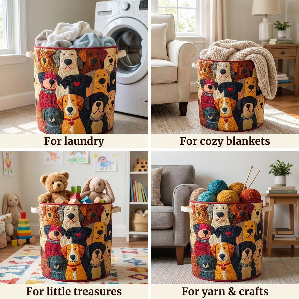 Quatre mises en situation du panier : rempli de linge près d'un lave-linge, de plaids, de peluches et de pelotes de laine. 2
