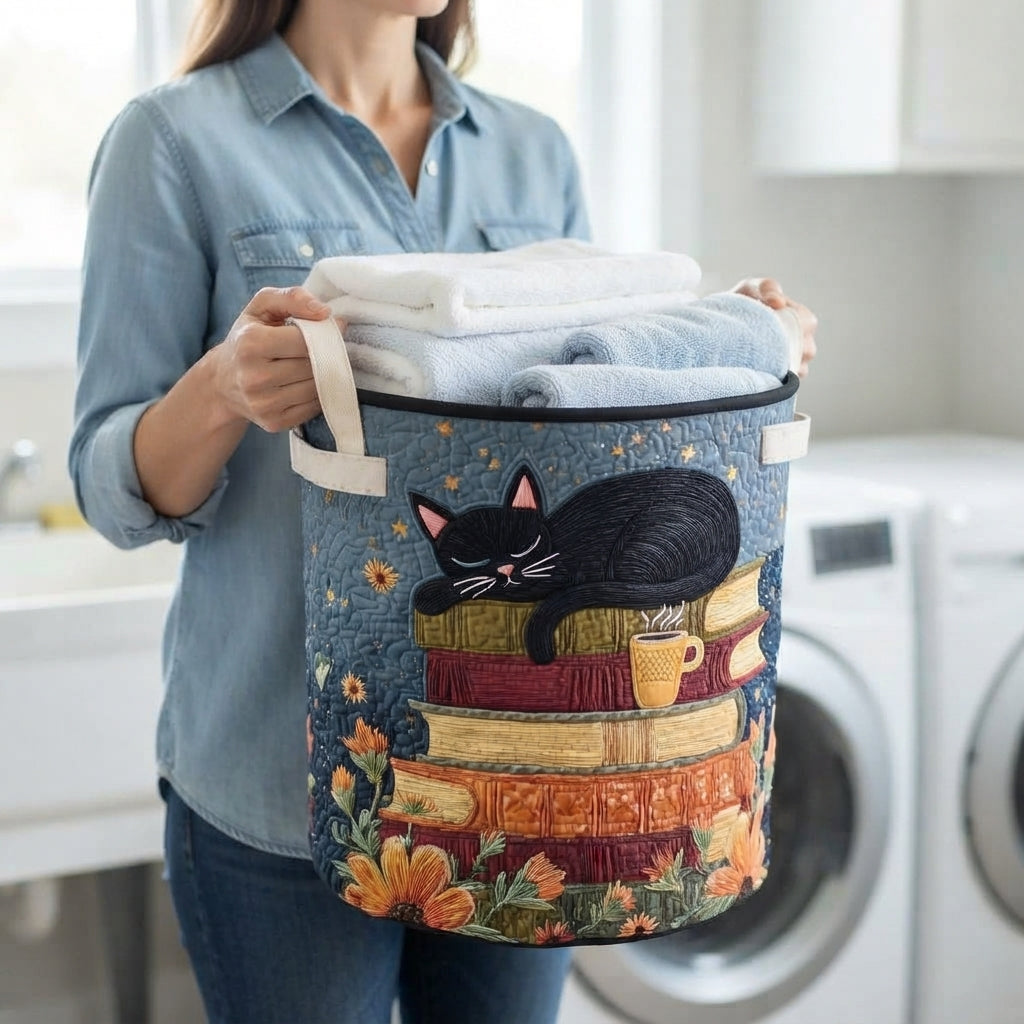 Une femme en chemise en jean porte le panier à deux poignées, rempli de serviettes de bain pliées, dans une buanderie. 3