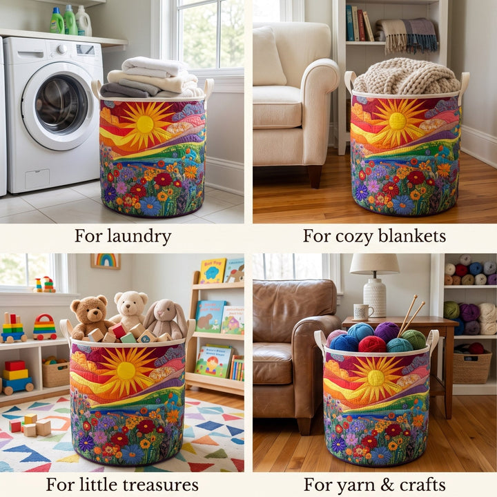 Quatre mises en situation du panier : linge dans une buanderie, plaids au salon, jouets en peluche dans une chambre d'enfant, pelotes de laine. 2