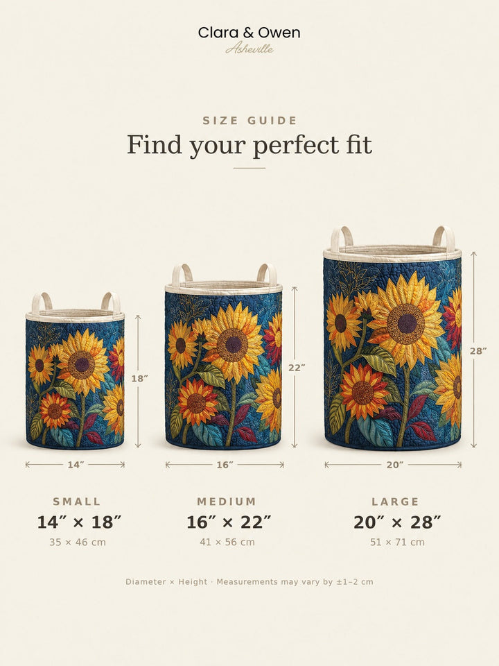 Guide des tailles montrant trois paniers à tournesols, petit, moyen et grand, avec leurs diamètres et hauteurs en pouces et en centimètres. 5