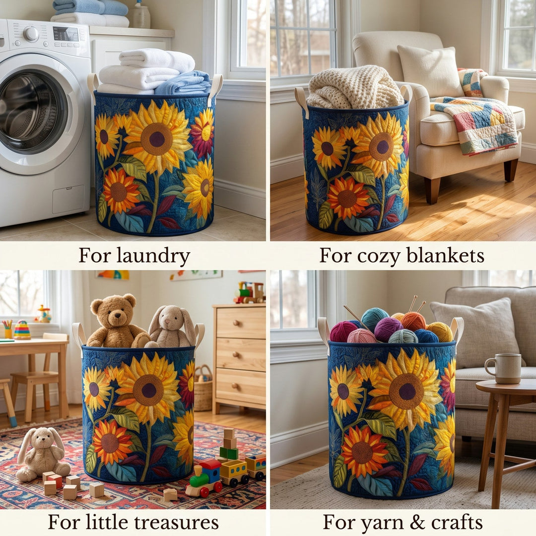 Quatre mises en situation du panier à tournesols : pour le linge, des plaids, des jouets d'enfant et des pelotes de laine. 2