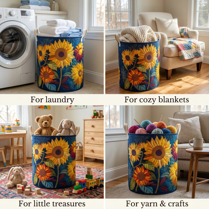 Quatre mises en situation du panier à tournesols : pour le linge, des plaids, des jouets d'enfant et des pelotes de laine. 2