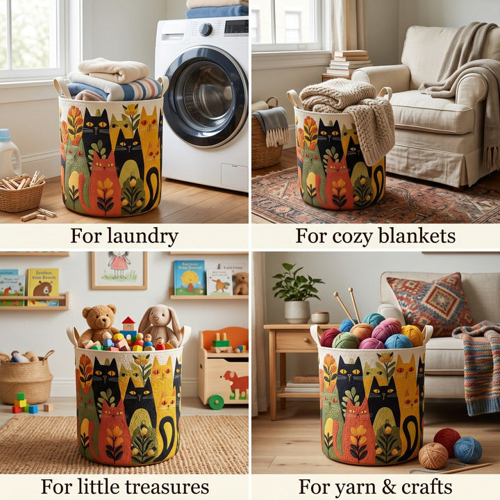 Quatre mises en situation du panier : rempli de linge près d'un lave-linge, de plaids, de jouets et de pelotes de laine. 2
